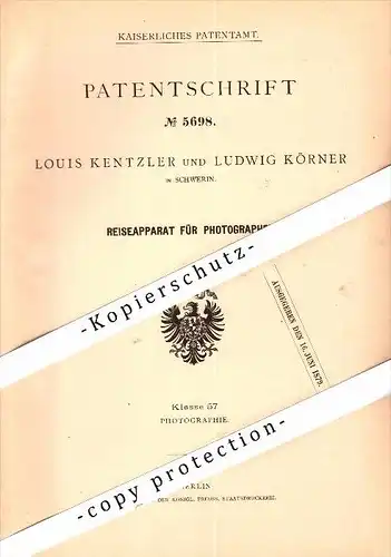 Original Patent - L. Kentzler und L. Körner in Schwerin i. Mecklenburg , 1878 , Fotoapparat , Photographie , Photograph