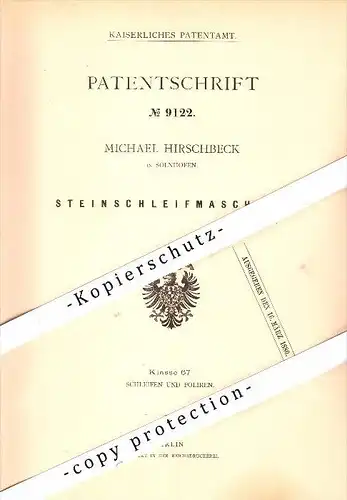 Original Patent - Michael Hirschbeck in Solnhofen , 1879 , Stein-Schleifmaschine , Weißenburg-Gunzenhausen !!!