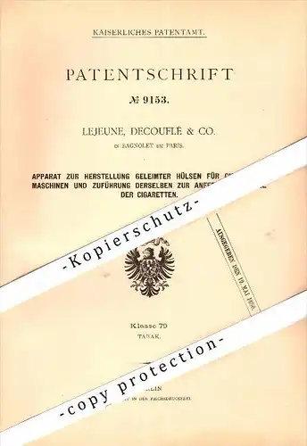 Original Patent - Lejeune , Decouflé & Co. à Bagnolet b. Paris , 1879 , Dispositif pour machine à cigarettes , tabac !!!