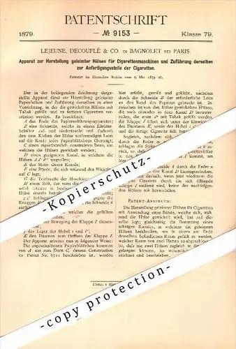 Original Patent - Lejeune , Decouflé & Co. à Bagnolet b. Paris , 1879 , Dispositif pour machine à cigarettes , tabac !!!