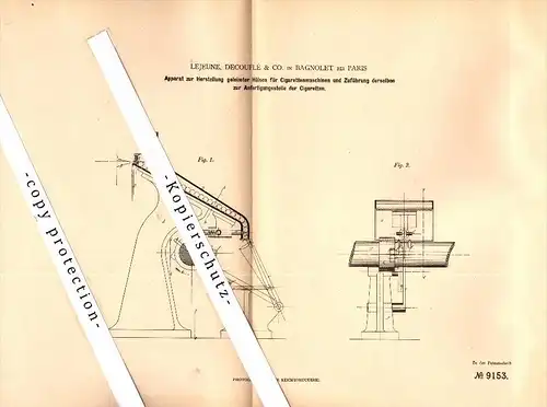 Original Patent - Lejeune , Decouflé & Co. à Bagnolet b. Paris , 1879 , Dispositif pour machine à cigarettes , tabac !!!