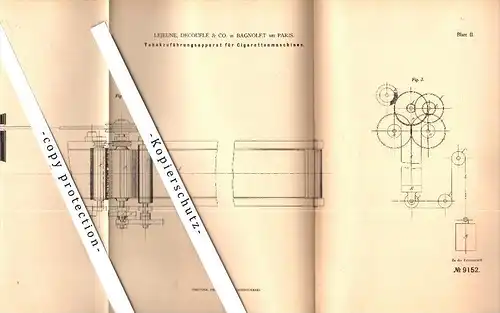 Original Patent - Lejeune , Decouflé & Co. à Bagnolet b. Paris , 1879 , Dispositif pour machine à cigarettes , tabac !!!