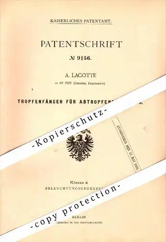 Original Patent - A. Lacotte à Sainte-Foy-la-Grande , Gironde , 1879 , Protection pour les bougies d'égouttage !!