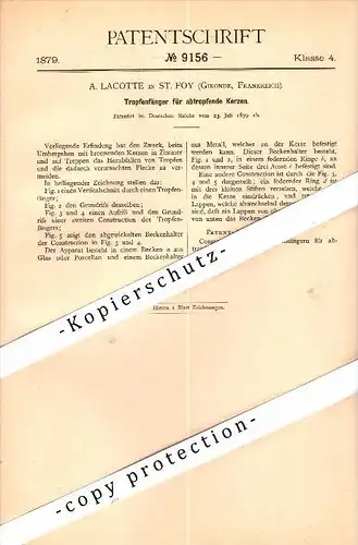 Original Patent - A. Lacotte à Sainte-Foy-la-Grande , Gironde , 1879 , Protection pour les bougies d'égouttage !!