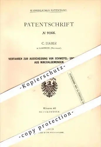 Original Patent - C. Haber in Ramsbeck b. Bestwig , Westfalen , 1879 , Ausscheidung von Schwefel und Kupferkies !!!