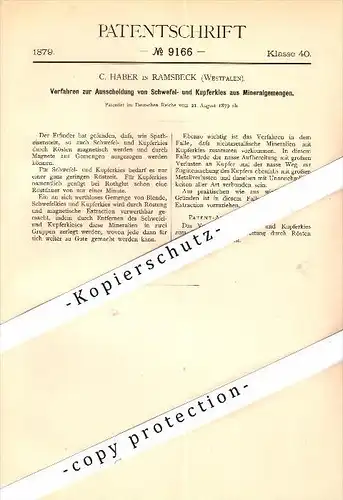 Original Patent - C. Haber in Ramsbeck b. Bestwig , Westfalen , 1879 , Ausscheidung von Schwefel und Kupferkies !!!