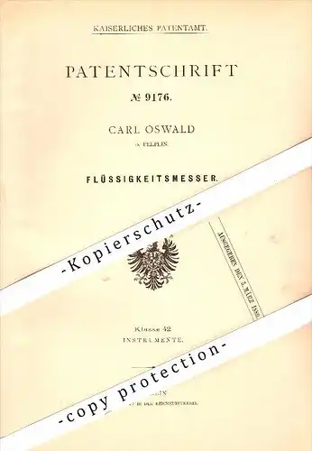 Original Patent - Carl Oswald in Pelplin , Pommern , 1879 , Flüssigkeitsmesser , Tczew / Dirschau !!!