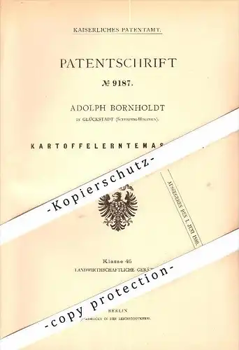 Original Patent - Adolph Bornholdt in Glückstadt , 1879 , Kartoffel-Erntemaschine , Landwirtschaft , Agrar !!!