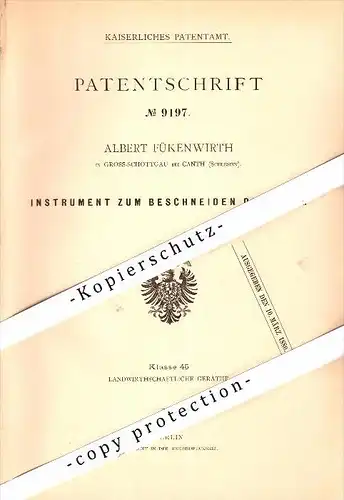 Original Patent - Albert Fükenwirth in Gross Schottgau b. Canth , Schlesien , 1879 , Katy Wroclawskie , Kanth !!!