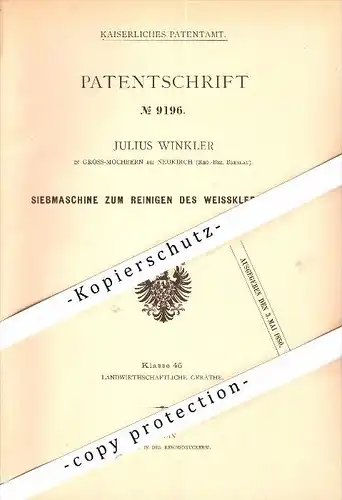 Original Patent - Julius Winkler in Gross-Mochbern b. Neukirch , Breslau , 1879, Siebmaschine für Klee-Samen , Schlesien