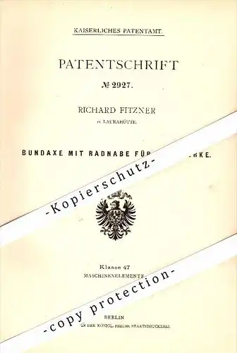 Original Patent - Richard Fitzner in Laurahütte / Siemianowice Slaskie , 1878 , Radnabe für Fuhrwerke , Schlesien !!!