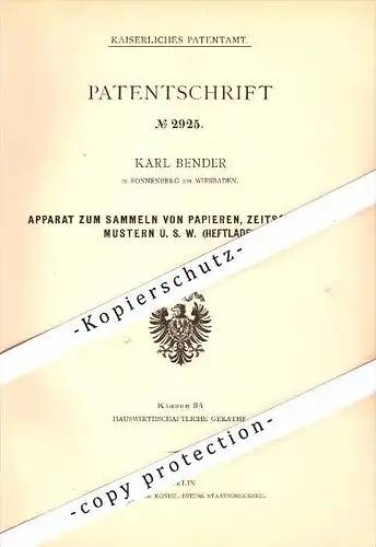 Original Patent - Karl Bender in Sonnenberg b. Wiesbaden , 1878 , Apparat zum Sammeln von Zeitschriften !!!
