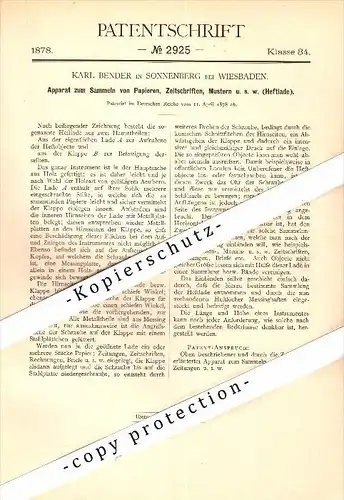 Original Patent - Karl Bender in Sonnenberg b. Wiesbaden , 1878 , Apparat zum Sammeln von Zeitschriften !!!