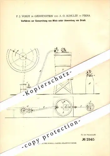 Original Patent - F. Voigt und A. Schulze in Giesenstein / Bad Gottleuba und Pirna , 1878 , Konservierung von Milch !!!