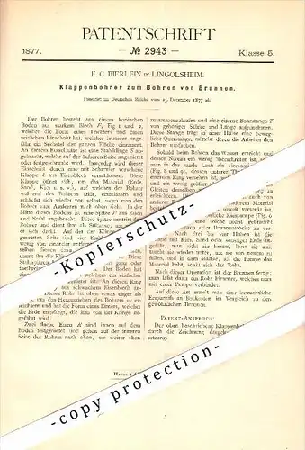 Original Patent - F. Bierlein à Lingolsheim , 1877 , forer des puits , la construction de puits, l'exploitation minière