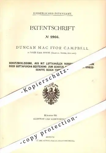 Original Patent - Duncan Campbell in Lochgair House , Argyll , 1878 , Protection for ships against torpedo !!!