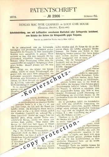Original Patent - Duncan Campbell in Lochgair House , Argyll , 1878 , Protection for ships against torpedo !!!