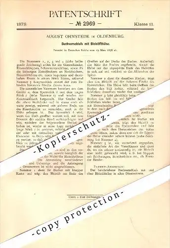 Original Patent - Bleistift - Buchverschluß , 1878 , August Ohmstede in Oldenburg , Bleistifte !!!
