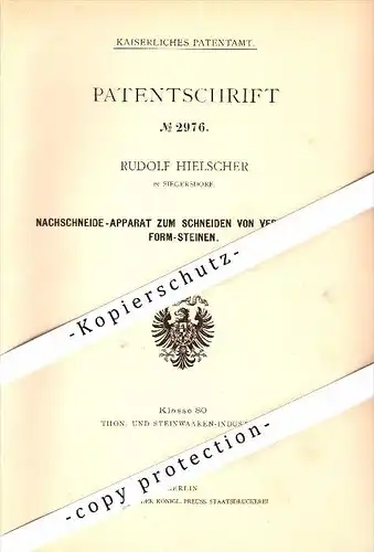 Original Patent - Rudolf Hielscher in Siegersdorf / Zebrzydowa , Schlesien , 1878 , Apparat zum Schneiden von Steinen !!