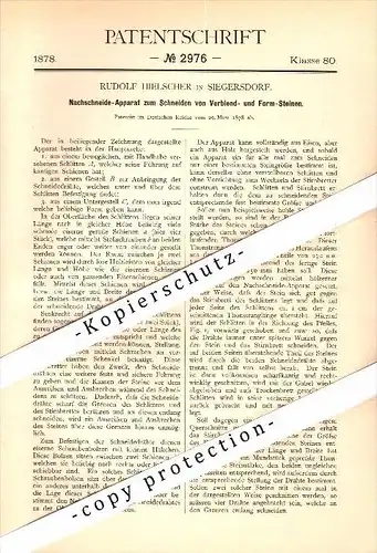 Original Patent - Rudolf Hielscher in Siegersdorf / Zebrzydowa , Schlesien , 1878 , Apparat zum Schneiden von Steinen !!