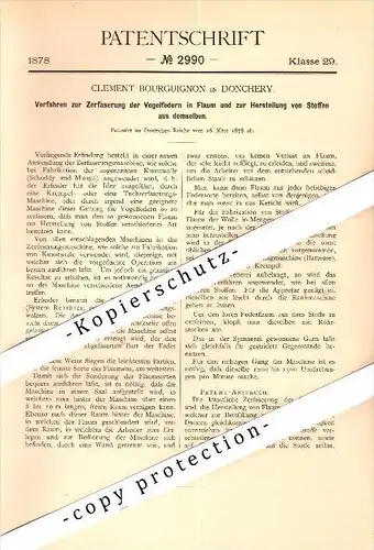 Original Patent - Clement Bourguignon à Donchery , Ardennes , 1878, Déchiquetage des plumes d'oiseaux pour les textiles