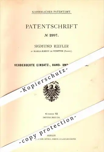 Original Patent - Sigmund Riefler in Maria Rain / Oy-Mittelberg b. Kempten , 1877 , Hand- und Haarzirkel , Zirkel !!!