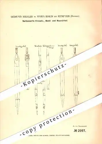 Original Patent - Sigmund Riefler in Maria Rain / Oy-Mittelberg b. Kempten , 1877 , Hand- und Haarzirkel , Zirkel !!!