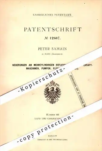 Original Patent - Peter Samain à Blois , 1880 , moteur multicylindre , Loir-et-Cher !!!