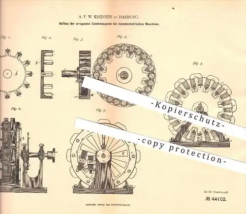 original Patent - A. F. W. Kreinsen in Harburg , 1887, Elektromagnete an dynamoelektrischen Maschinen , Magnet , Magnete