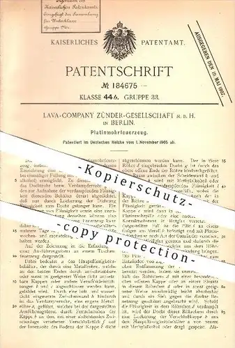 original Patent - Lava-Company Zünder-Gesellschaft mbH in Berlin , 1905 , Platinmohrfeuerzeug , Feuerzeug , Feuer !!!