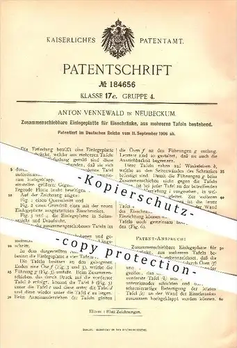 original Patent - Anton Vennewald in Neubeckum b. Beckum ,1906, Einlegeplatte für Eisschränke , Kühlschrank , Kühlung !!