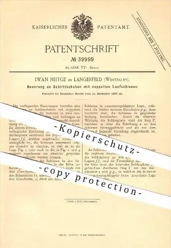 original Patent - Iwan Neitge in Langerfeld b. Wuppertal , 1886 , Schlittschuh , Schlittschuhe , Schuhe , Eislaufen !!!