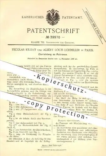 original Patent - Nicolas Killian und Albert Louis Lohmiller in Paris , 1886 , Patrone , Patronen , Gewehr , Waffen !!!