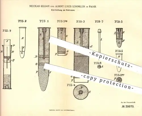 original Patent - Nicolas Killian und Albert Louis Lohmiller in Paris , 1886 , Patrone , Patronen , Gewehr , Waffen !!!