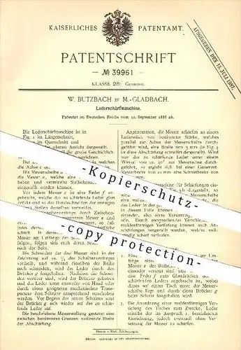 original Patent - W. Butzbach in Mönchengladbach , 1886 , Lederschärfmaschine , Leder , Gerben , Gerberei !!!