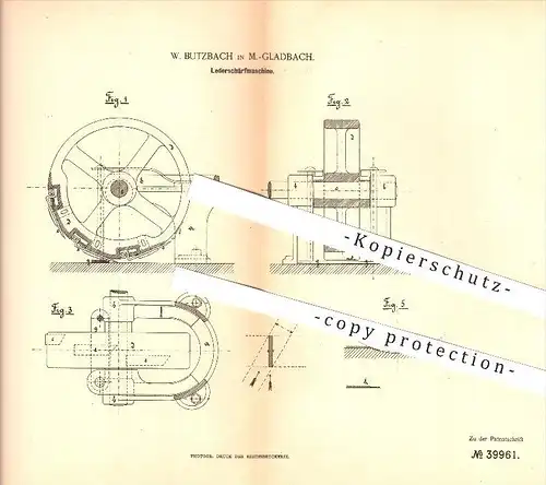 original Patent - W. Butzbach in Mönchengladbach , 1886 , Lederschärfmaschine , Leder , Gerben , Gerberei !!!