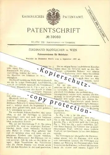 original Patent - Ferdinand Mannlicher in Wien , 1886 , Patronenrahmen für Mehrlader , Gewehr , Gewehre , Waffen !!!