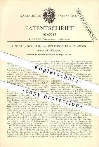 original Patent - A. Wiele in Nürnberg und Jos. Ritschler in Erlangen , 1888 , Revolver - Kanone , Waffen , Geschosse