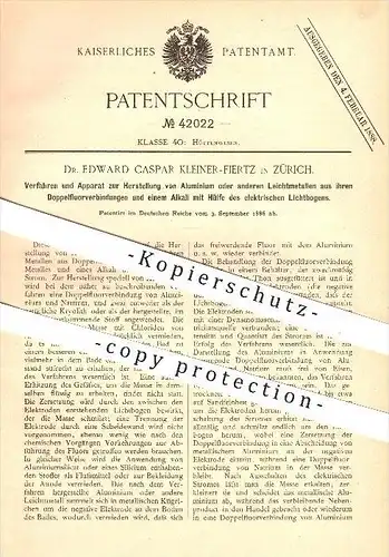 original Patent - Dr. Edward Caspar Kleiner-Fiertz in Zürich , 1886 , Herstellung von Aluminium u. anderem Leichtmetall