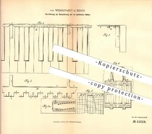 original Patent - von Wedelstadt in Berlin , 1887 , Bezeichnung der Noten am Klavier , Note , Piano , Musikinstrument !!