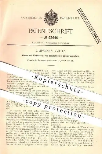 original Patent - E. Lippmann in Zeitz , 1897 , Klavier mit Einrichtung zum mechanischen Spielen , Musikinstrumente !!!