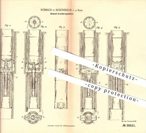 original Patent - Köbrich in Schönebeck a. d. Elbe , 1886 , Diamant Erweiterungsbohrer , Bohrer , Bergbau !!!