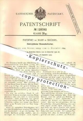 original Patent - Frédéric de Mare in Brüssel , 1900 , Elektrolytischer Stromunterbrecher , Strom !!!