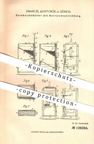 original Patent - Emanuel Kottusch in Zürich , 1901 , Zündholzbehälter , Streichholz , Feuer , Zündholz !!!