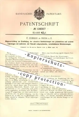 original Patent - E. Zeidler in Riesa a. E. , 1901 , Radbelastungen von Lokomotiven u. anderen Fahrzeugen , Eisenbahn !!