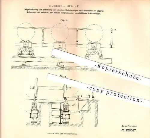 original Patent - E. Zeidler in Riesa a. E. , 1901 , Radbelastungen von Lokomotiven u. anderen Fahrzeugen , Eisenbahn !!
