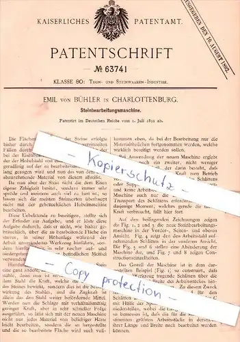 Original Patent - Emil von Bühler in Charlottenburg b. Berlin , 1891 , Steinbearbeitungsmaschine !!!