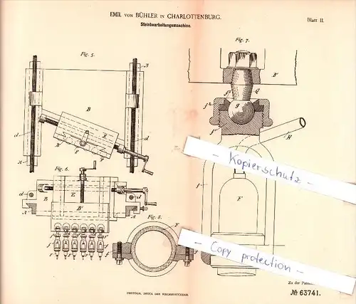 Original Patent - Emil von Bühler in Charlottenburg b. Berlin , 1891 , Steinbearbeitungsmaschine !!!