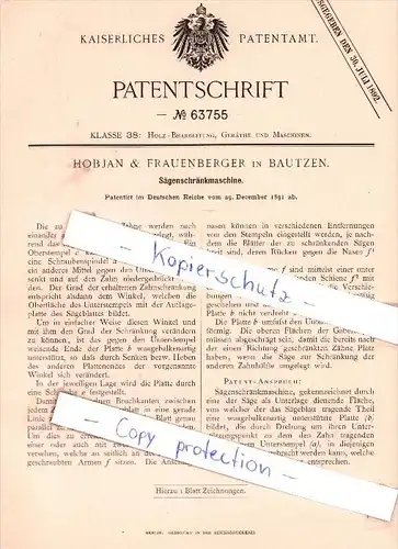 Original Patent - Hobjan & Frauenberger in Bautzen , 1891 , Sägenschränkmaschine !!!