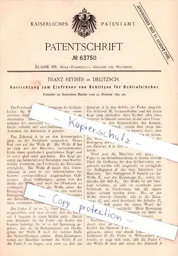 Original Patent - Franz Reyher in Delitzsch , 1891 , Einfräsen von Schlitzen für Schließlöcher !!!